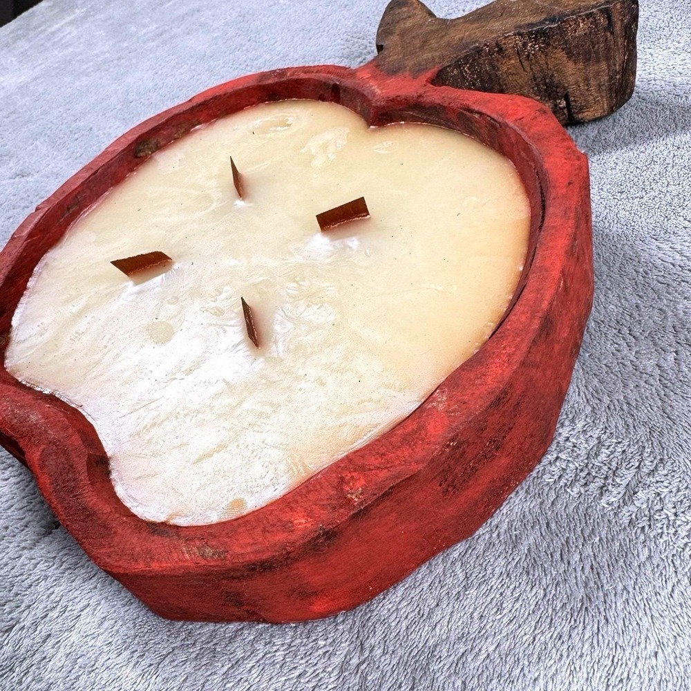 Apple Shaped Wood Bowl Candle 5 Wick Red Rustic Farmhouse Fall Decor‎